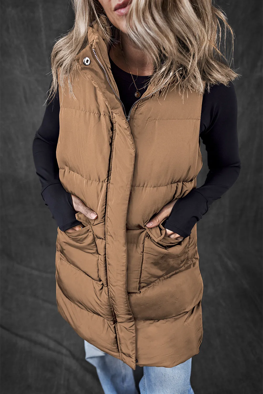 Black Windproof Longline Full Zipper Puffer Gilet with Pockets