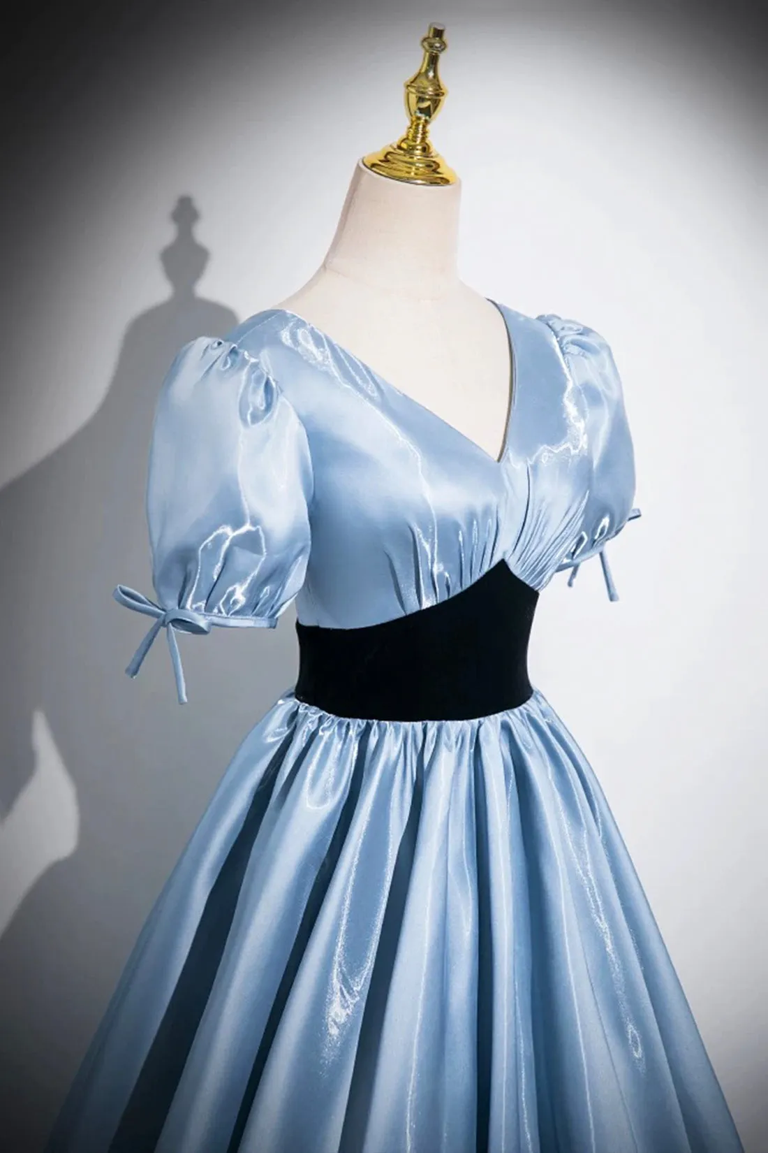 Blue Satin and Black Velvet Long Prom Dress, A-Line V-Neck Short Sleeve Evening Dress