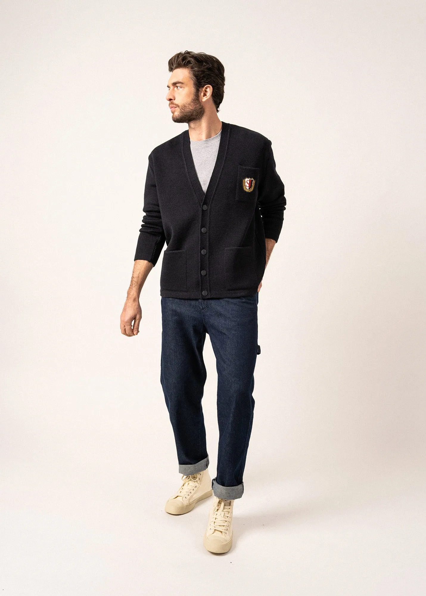 Cardigan en laine Yachting Réédit - à blason brodé poitrine (NAVY)