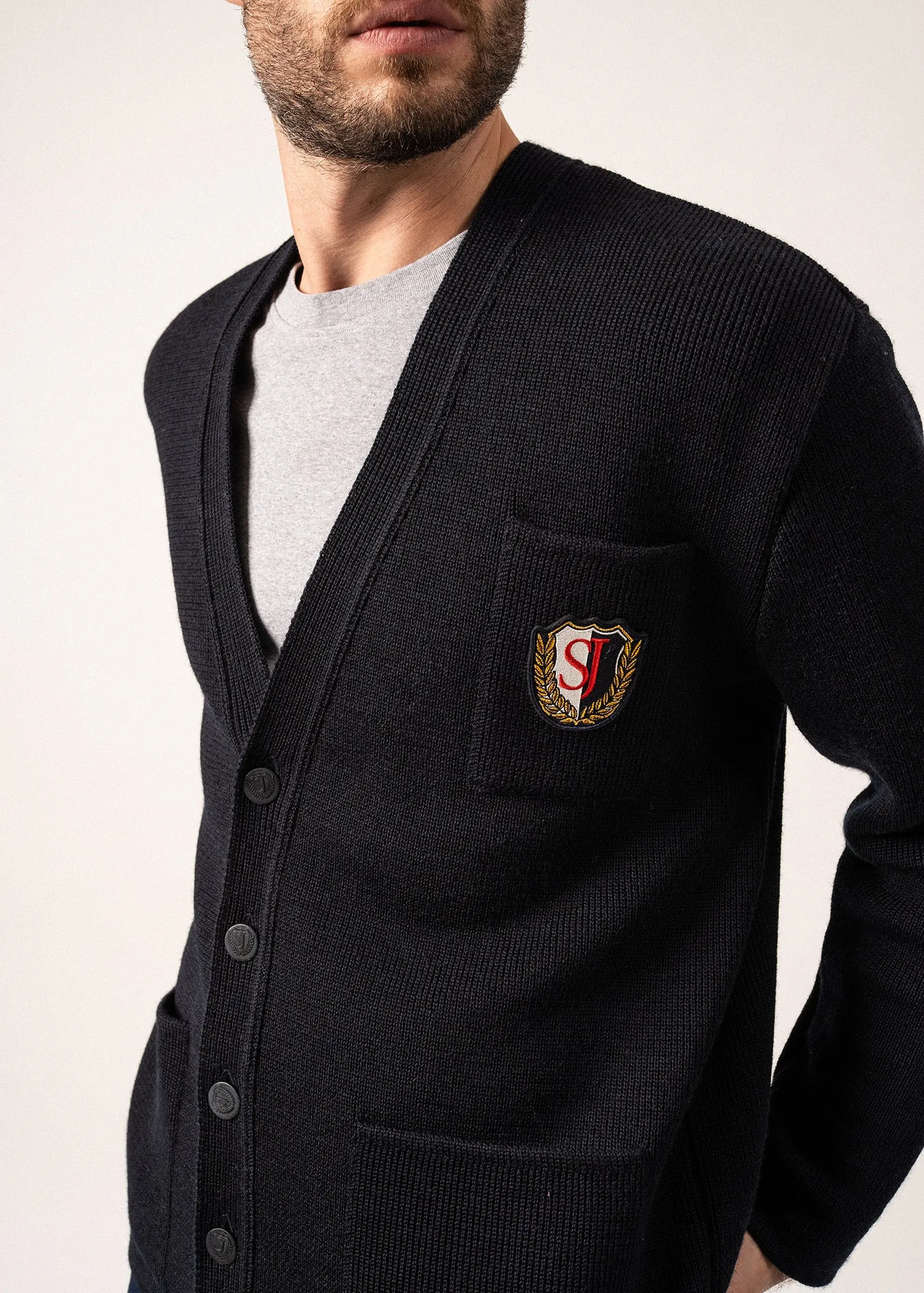 Cardigan en laine Yachting Réédit - à blason brodé poitrine (NAVY)