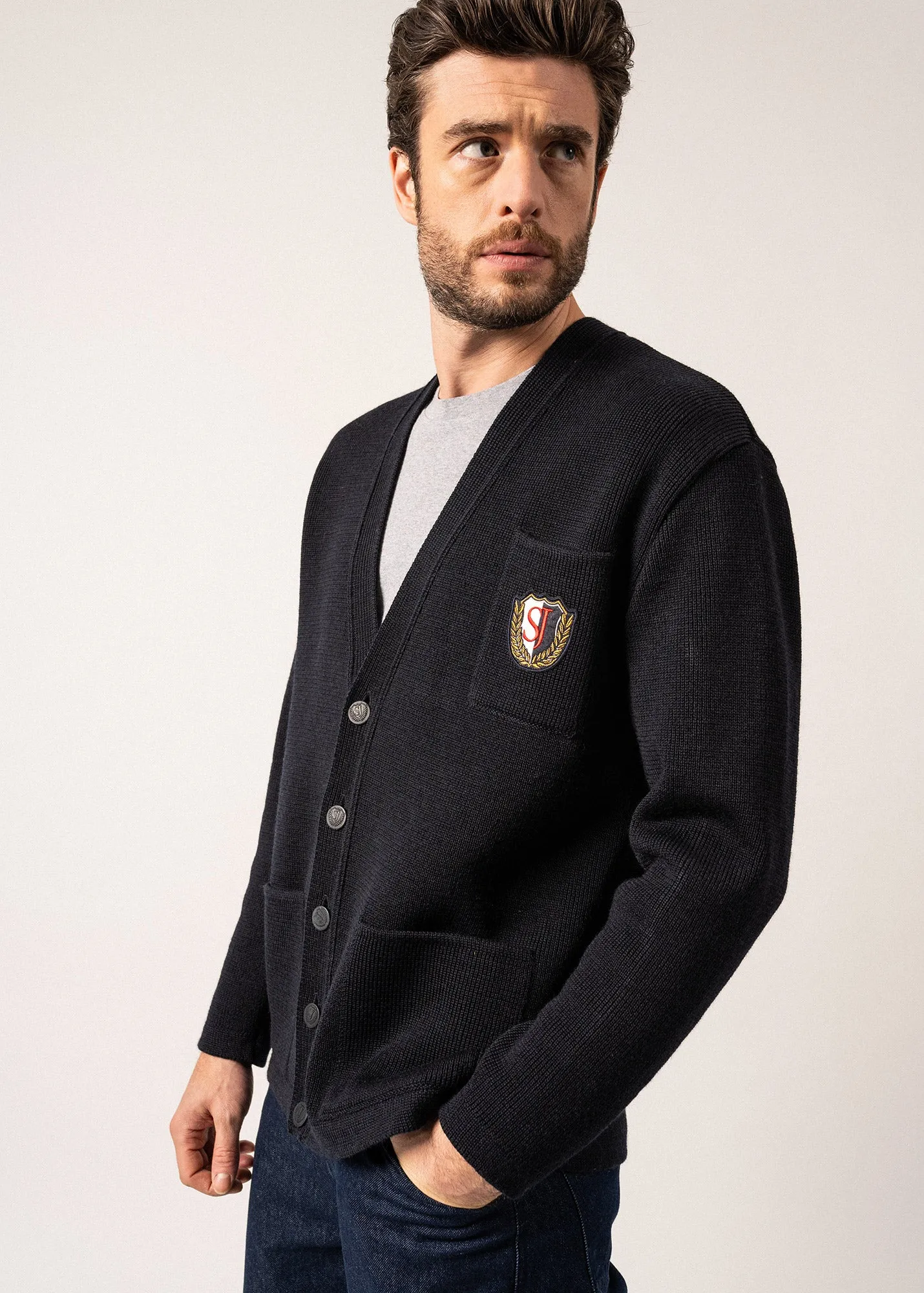 Cardigan en laine Yachting Réédit - à blason brodé poitrine (NAVY)