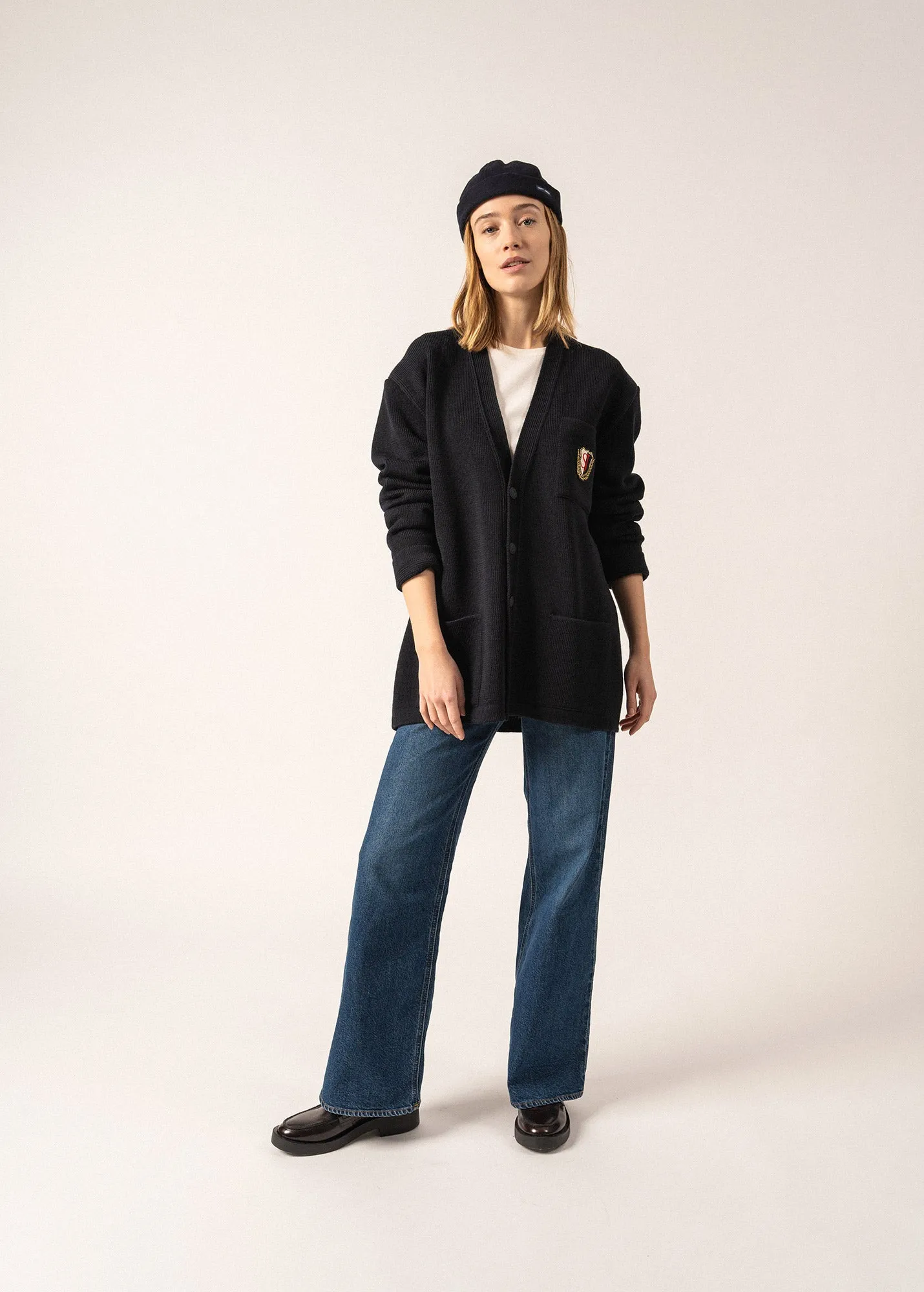 Cardigan en laine Yachting Réédit - à blason brodé poitrine (NAVY)