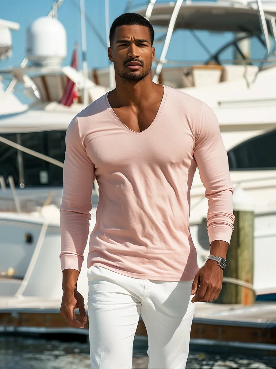 Casual Pink V Neck Long Sleeve T-shirt
