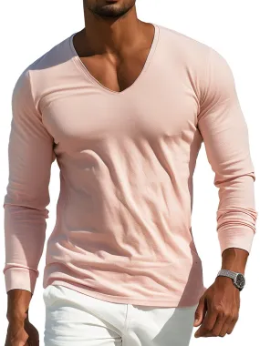 Casual Pink V Neck Long Sleeve T-shirt