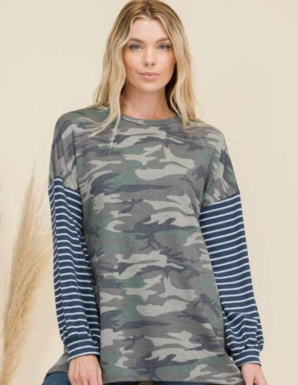 Celeste Full Size Camo Print High-Low T-Shirt with Stripe Sleeves