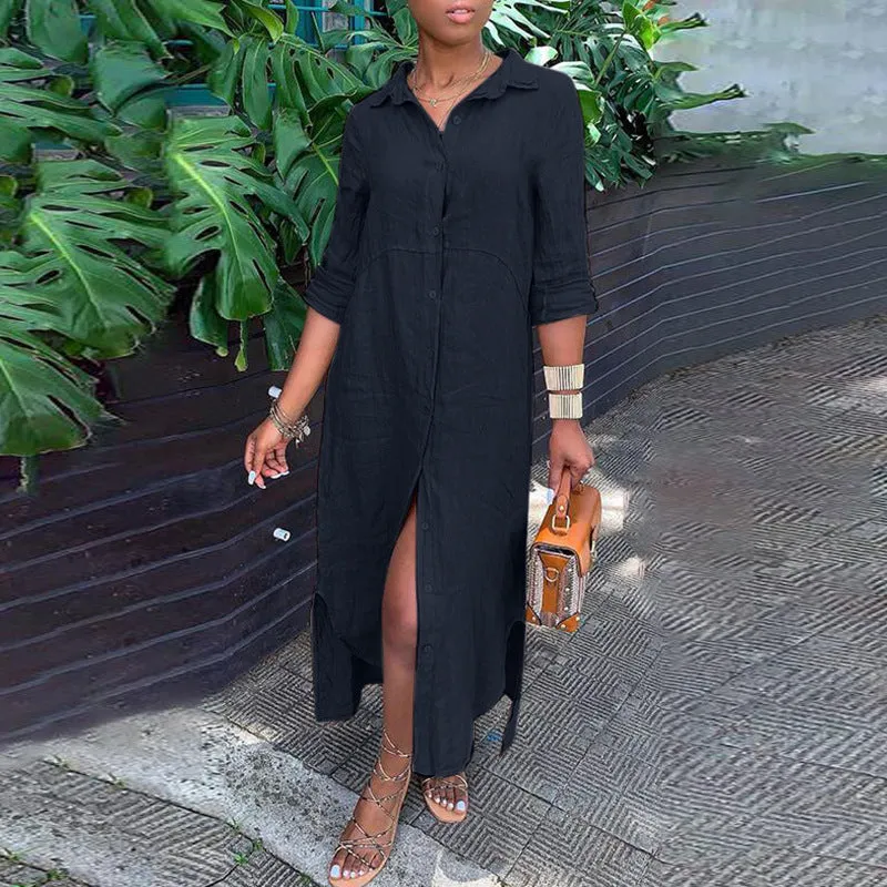 Charlotte – Retro Cotton Linen Long Shirt Dress