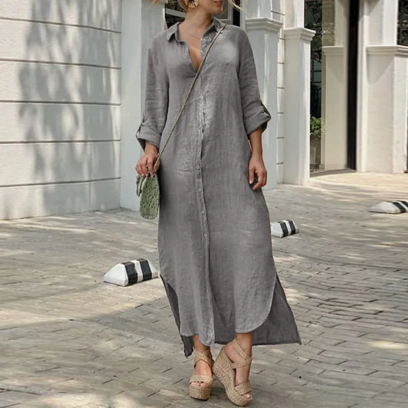 Charlotte – Retro Cotton Linen Long Shirt Dress