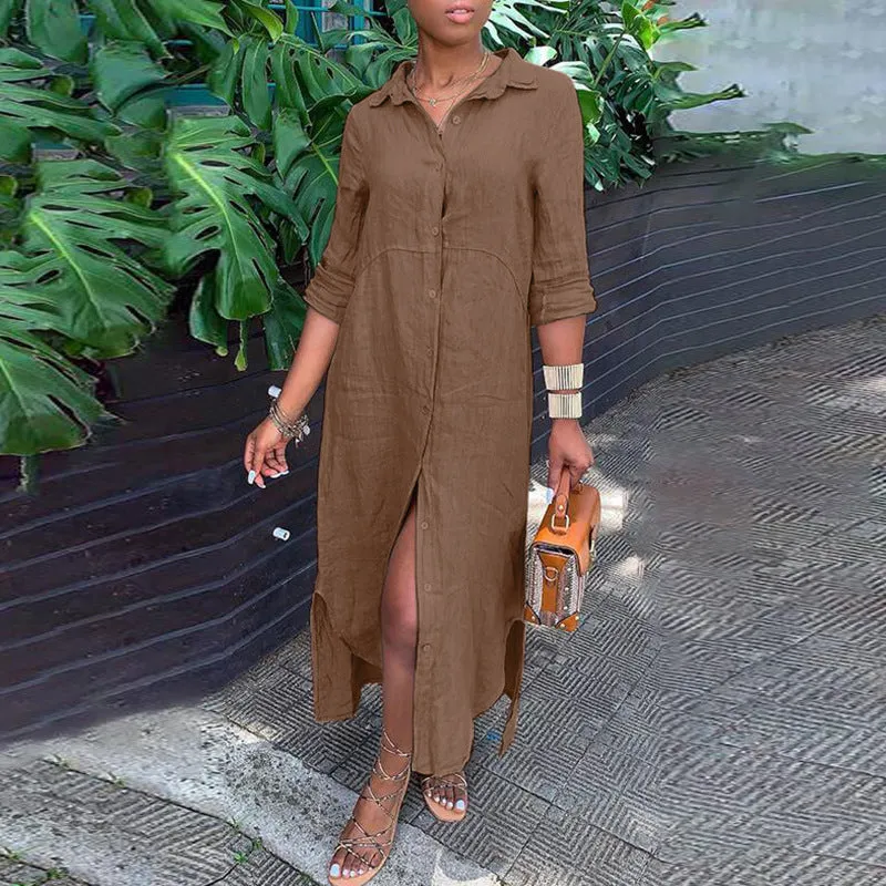 Charlotte – Retro Cotton Linen Long Shirt Dress
