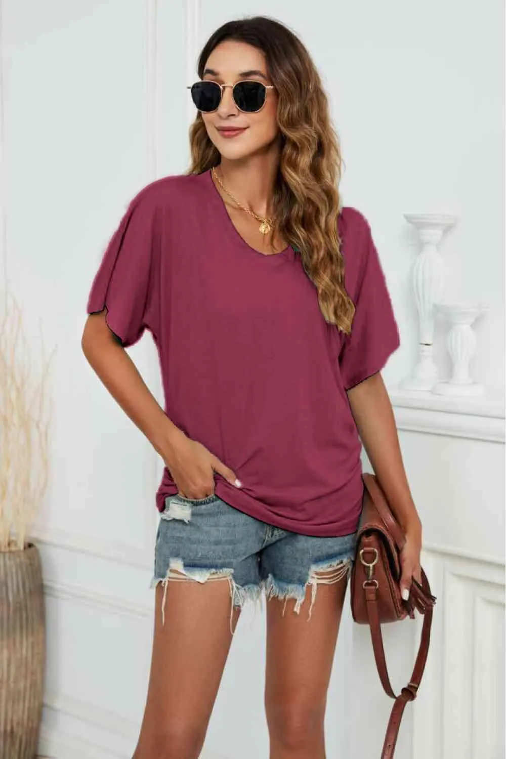 Chic V-Neck Tee with Stylish Side Ruching: Your Go-To Essential