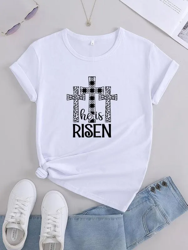 Chic Women's 'He Has Risen' Graphic Tee for a Stylish Easter Celebration