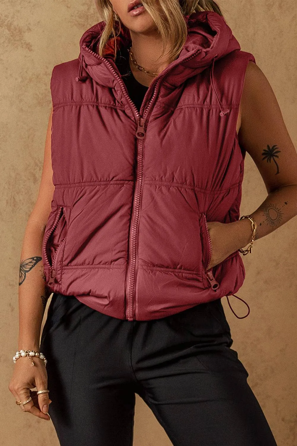 Clay Zip-up Side Pockets Hooded Puffer Gilet