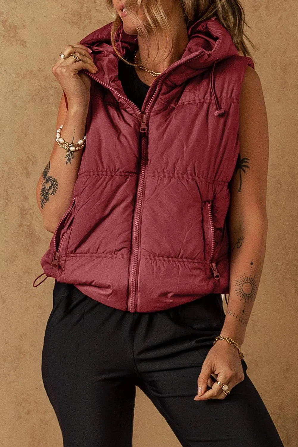 Clay Zip-up Side Pockets Hooded Puffer Gilet