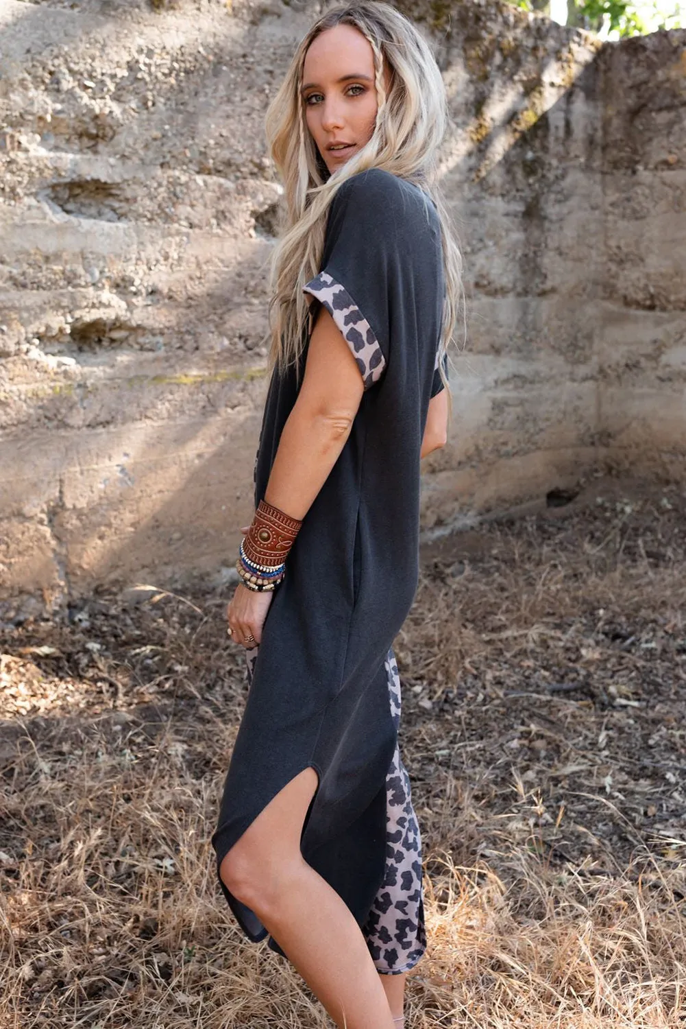 Contrast Solid Leopard Short Sleeve T-Shirt Dress With Slits