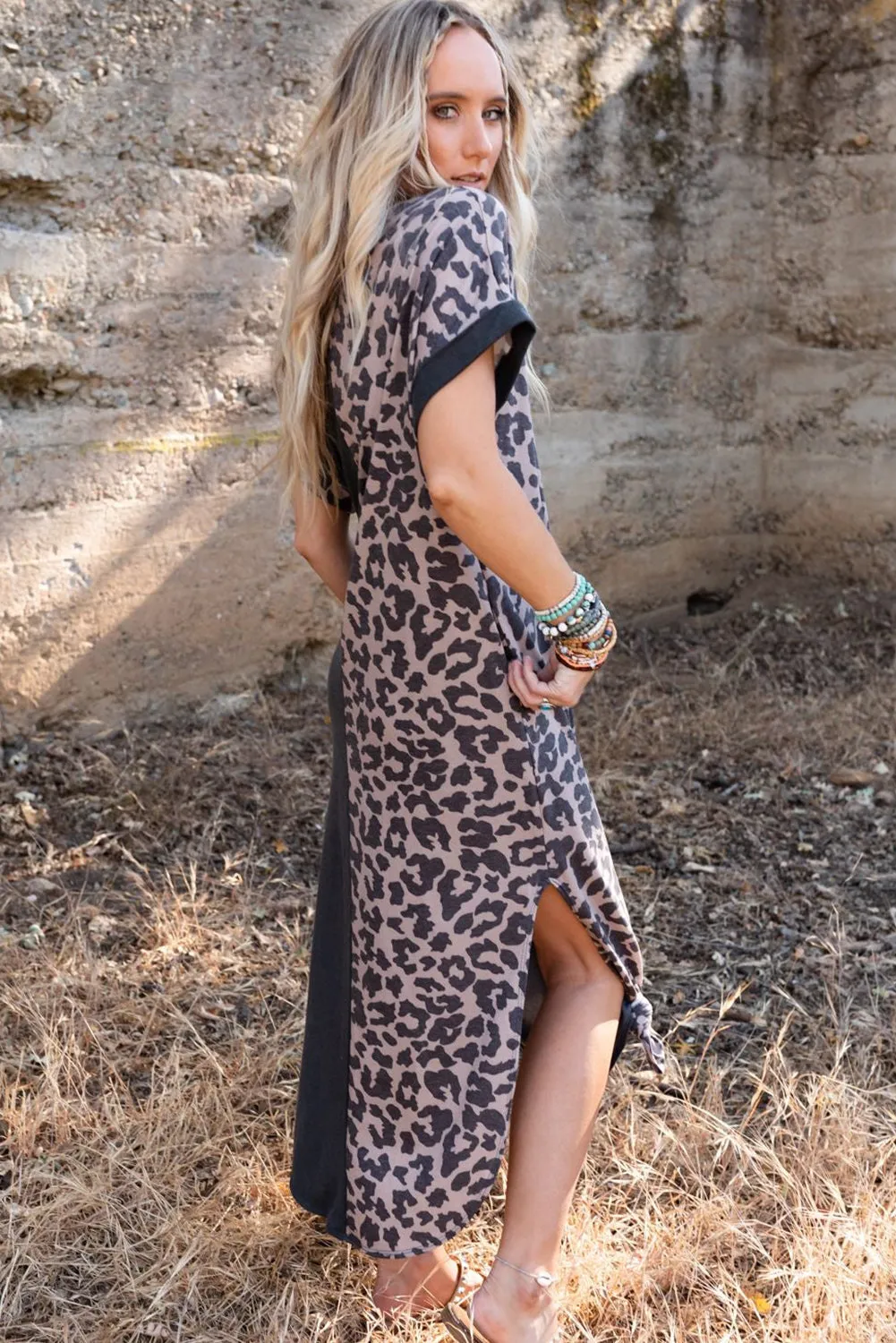 Contrast Solid Leopard Short Sleeve T-Shirt Dress With Slits