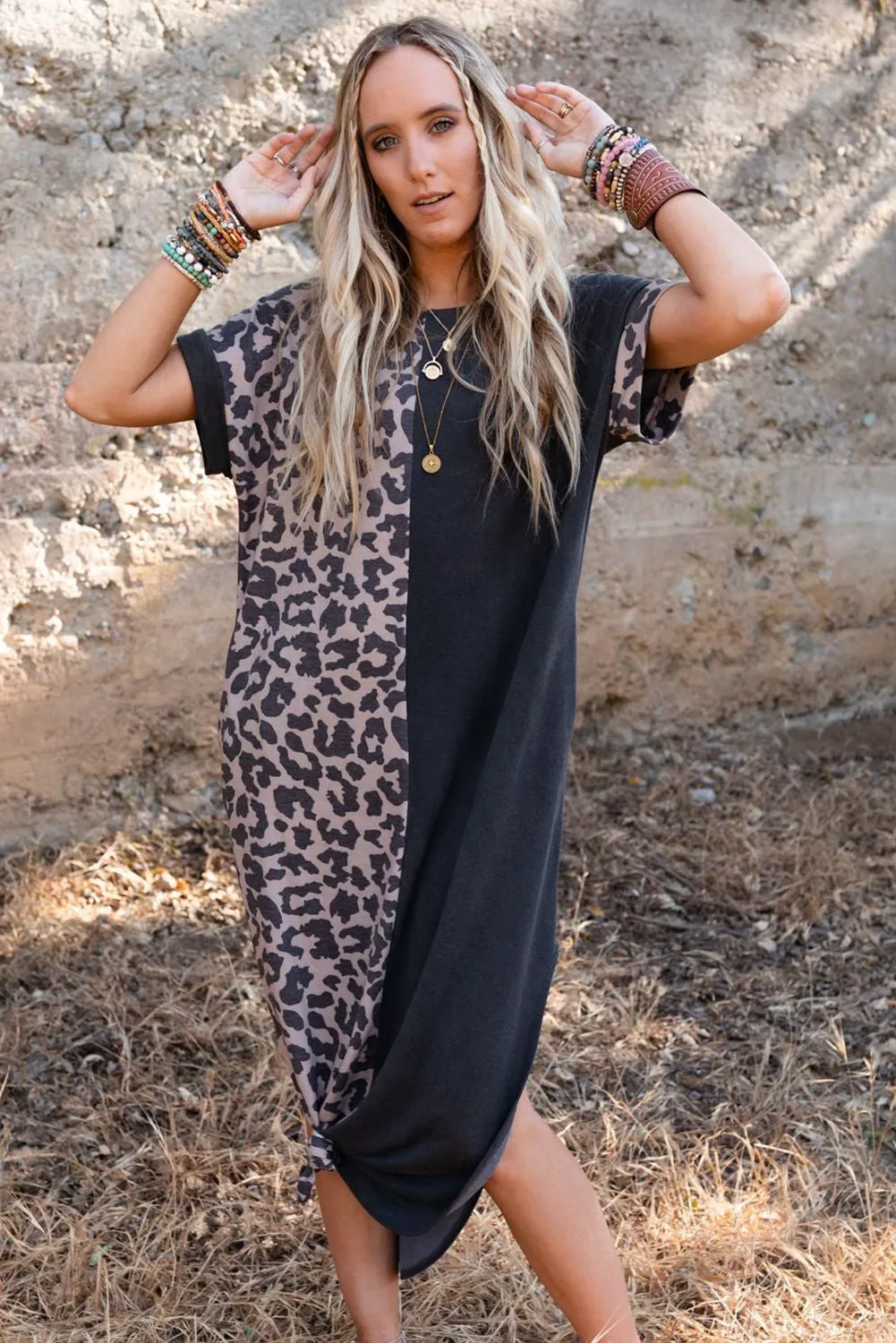 Contrast Solid Leopard Short Sleeve T-Shirt Dress With Slits
