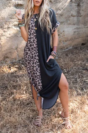 Contrast Solid Leopard Short Sleeve T-Shirt Dress With Slits