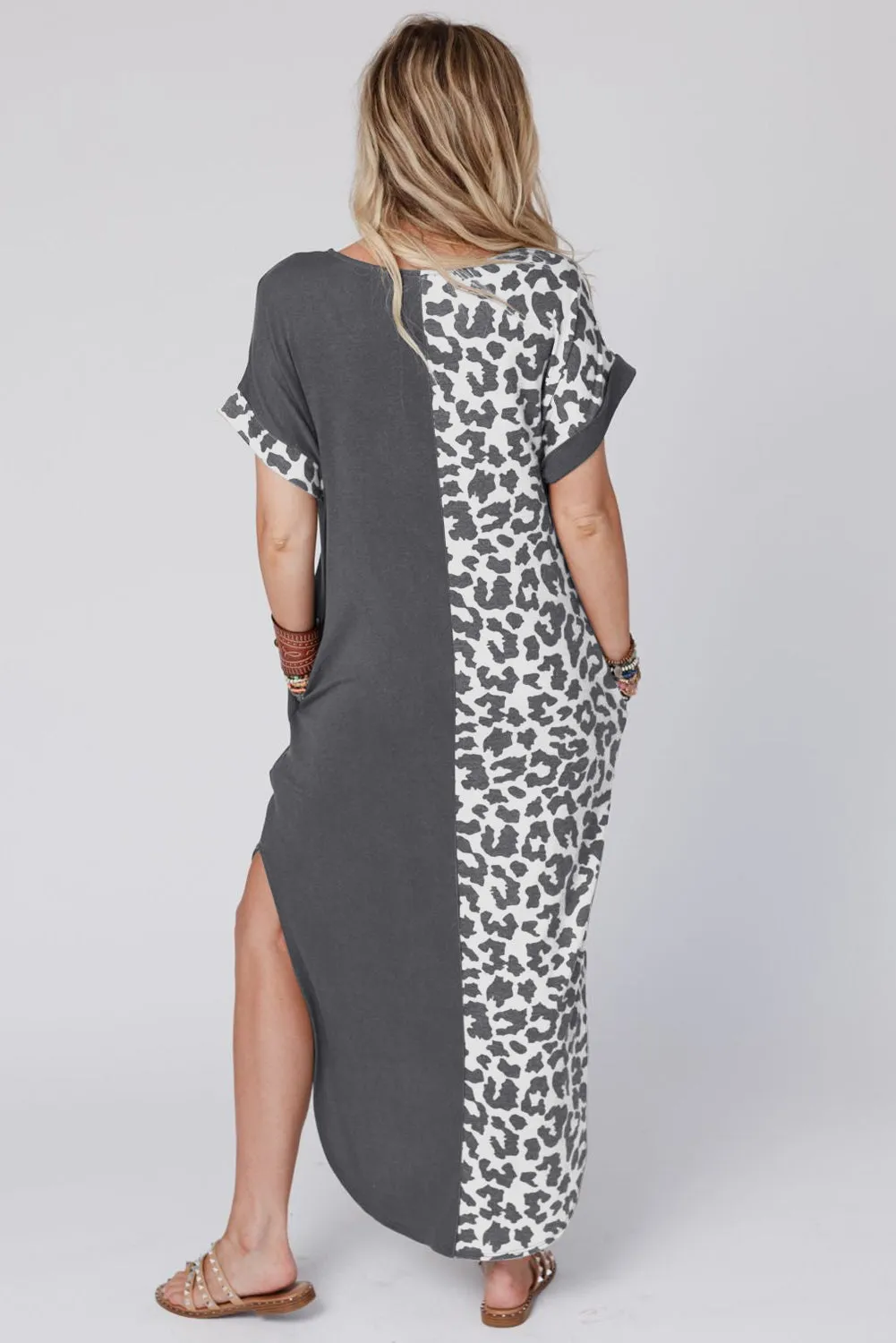 Contrast Solid Leopard Short Sleeve T-Shirt Dress With Slits