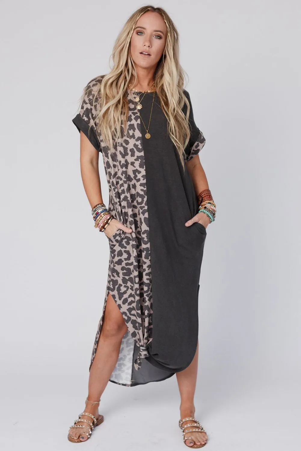 Contrast Solid Leopard Short Sleeve T-Shirt Dress With Slits