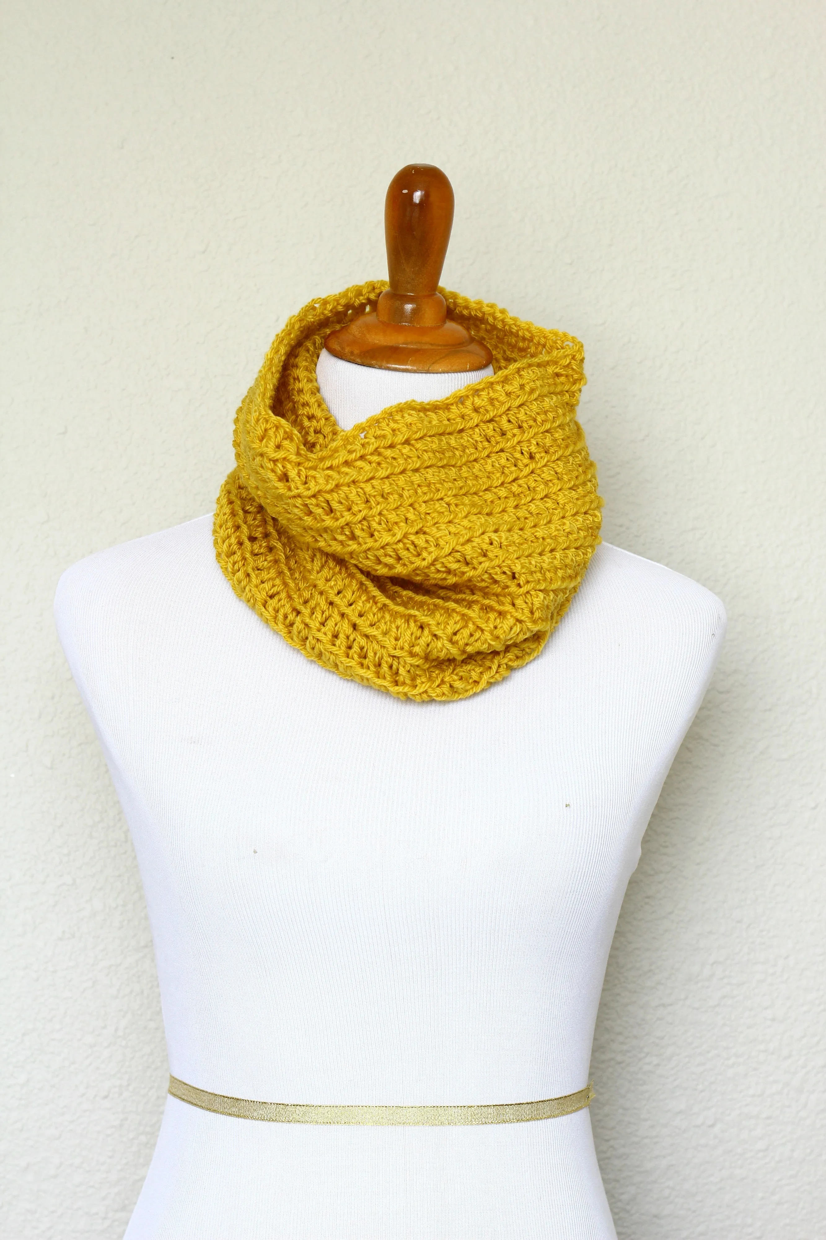 Crochet infinity scarf in mustard color, chunky cowl - 12 colors available