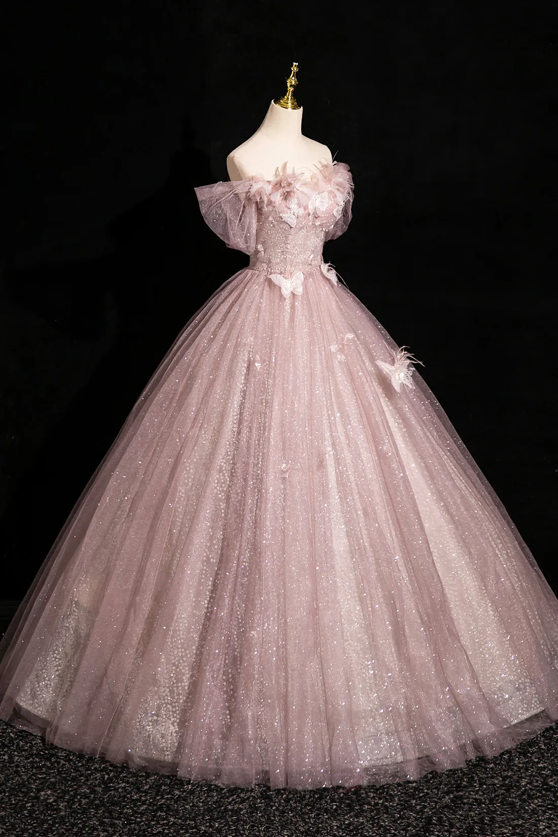 Dusty Pink Shiny Tulle Floor Length Prom Dress, Pink Off the Shoulder Evening Party Dress