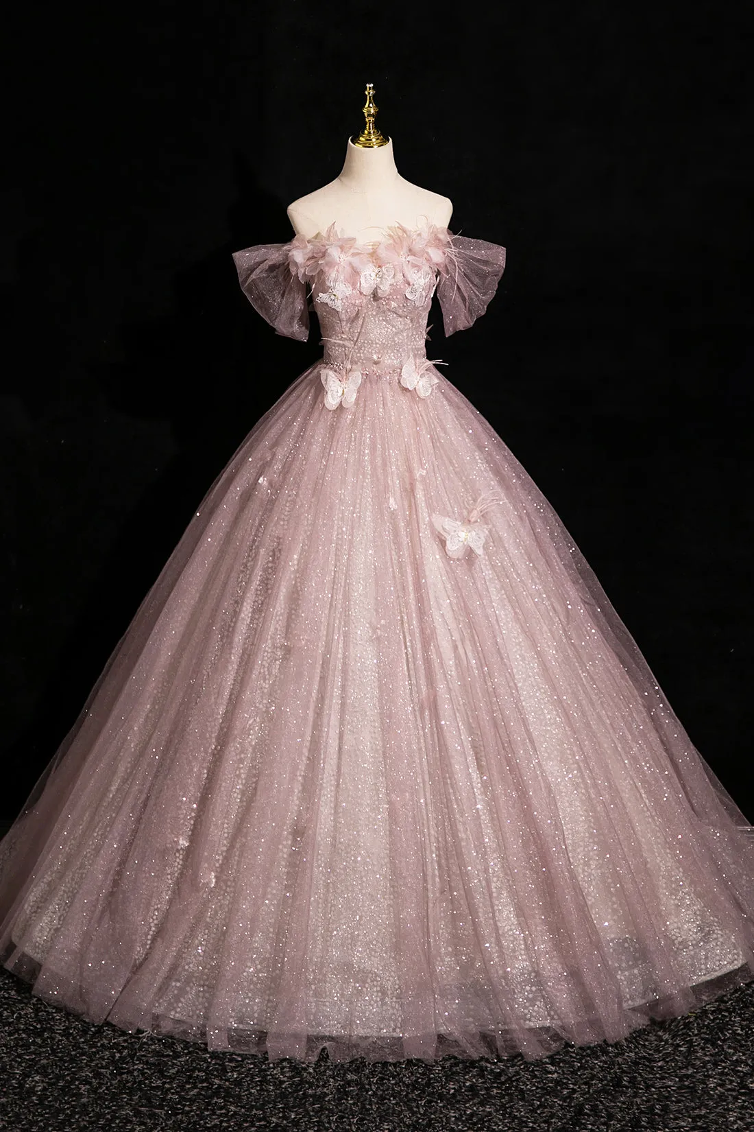 Dusty Pink Shiny Tulle Floor Length Prom Dress, Pink Off the Shoulder Evening Party Dress