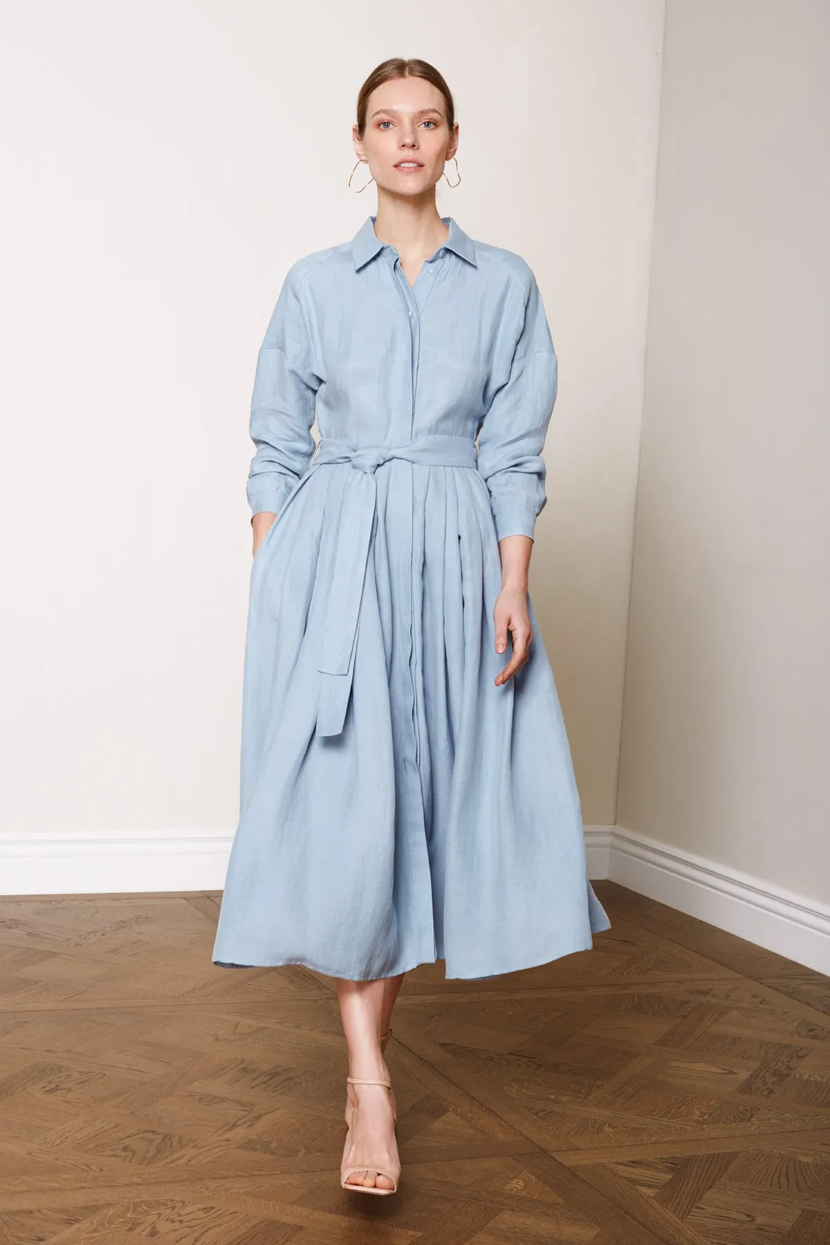 DYSANIA light blue pleated midi shirt dress