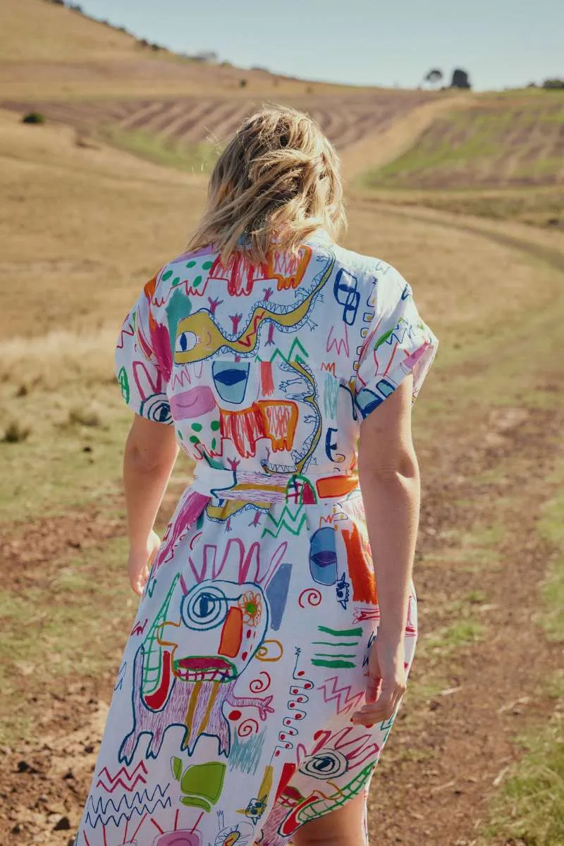 Elk the Label Neza Shirt Dress in White Sketch Print