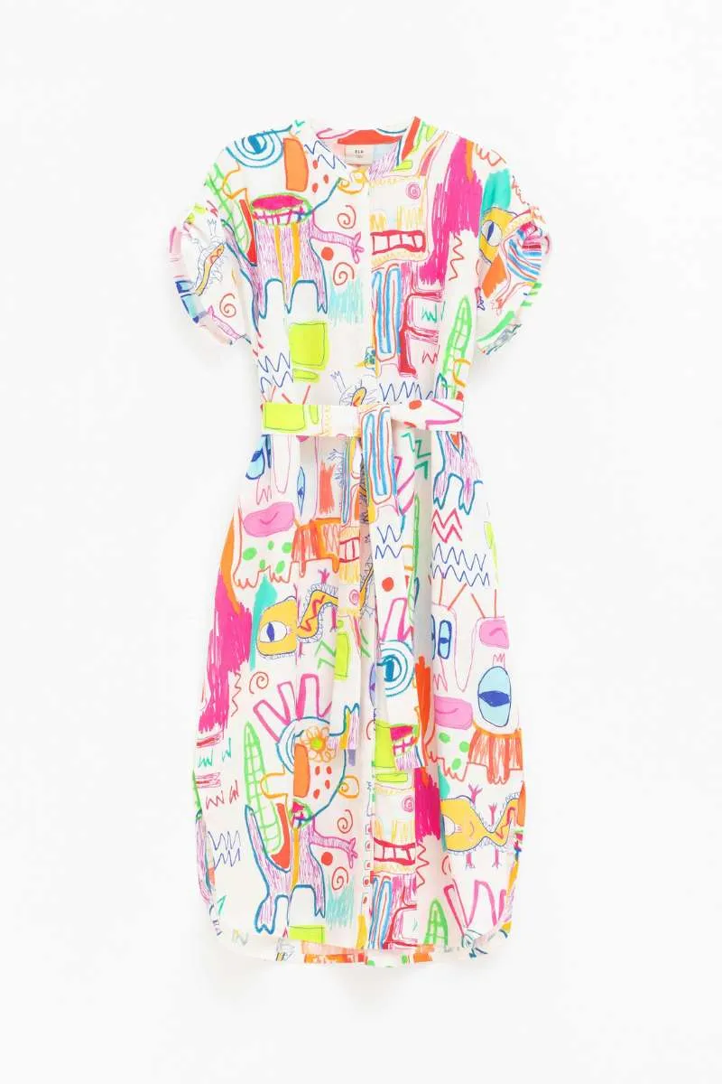 Elk the Label Neza Shirt Dress in White Sketch Print