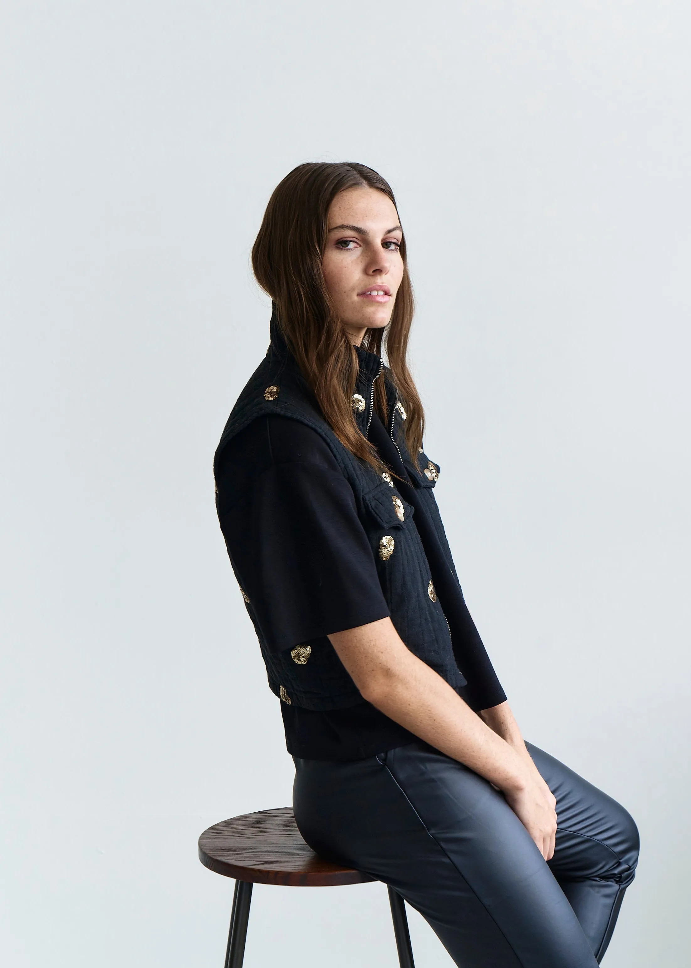 Freya Italian Sleeveless Jacket with Gold Sequins in Black