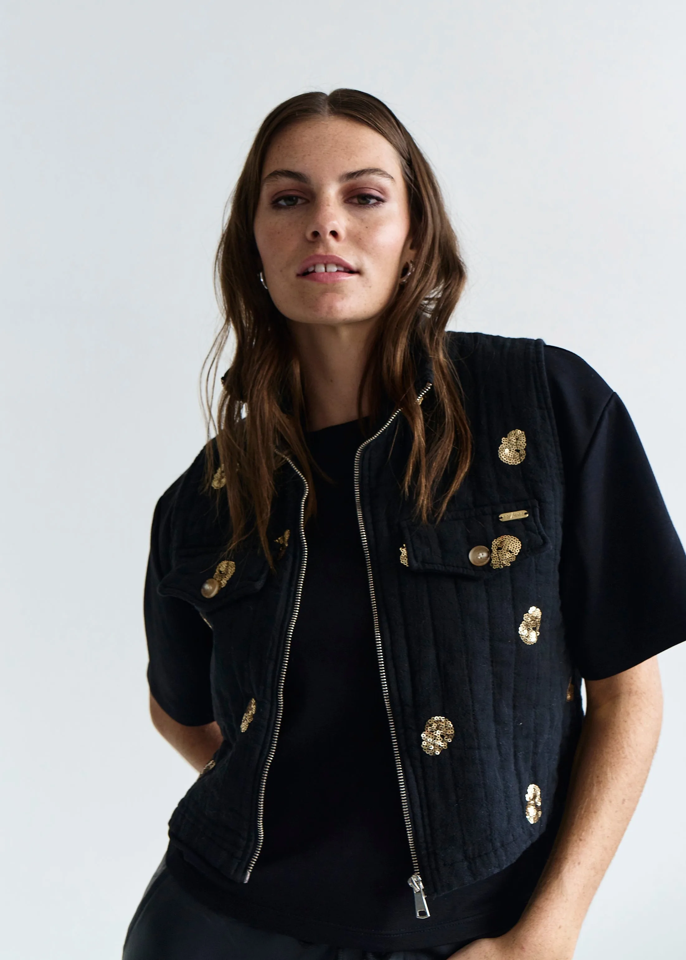 Freya Italian Sleeveless Jacket with Gold Sequins in Black