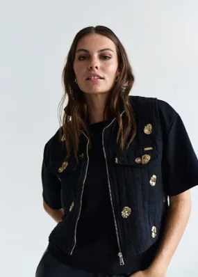 Freya Italian Sleeveless Jacket with Gold Sequins in Black