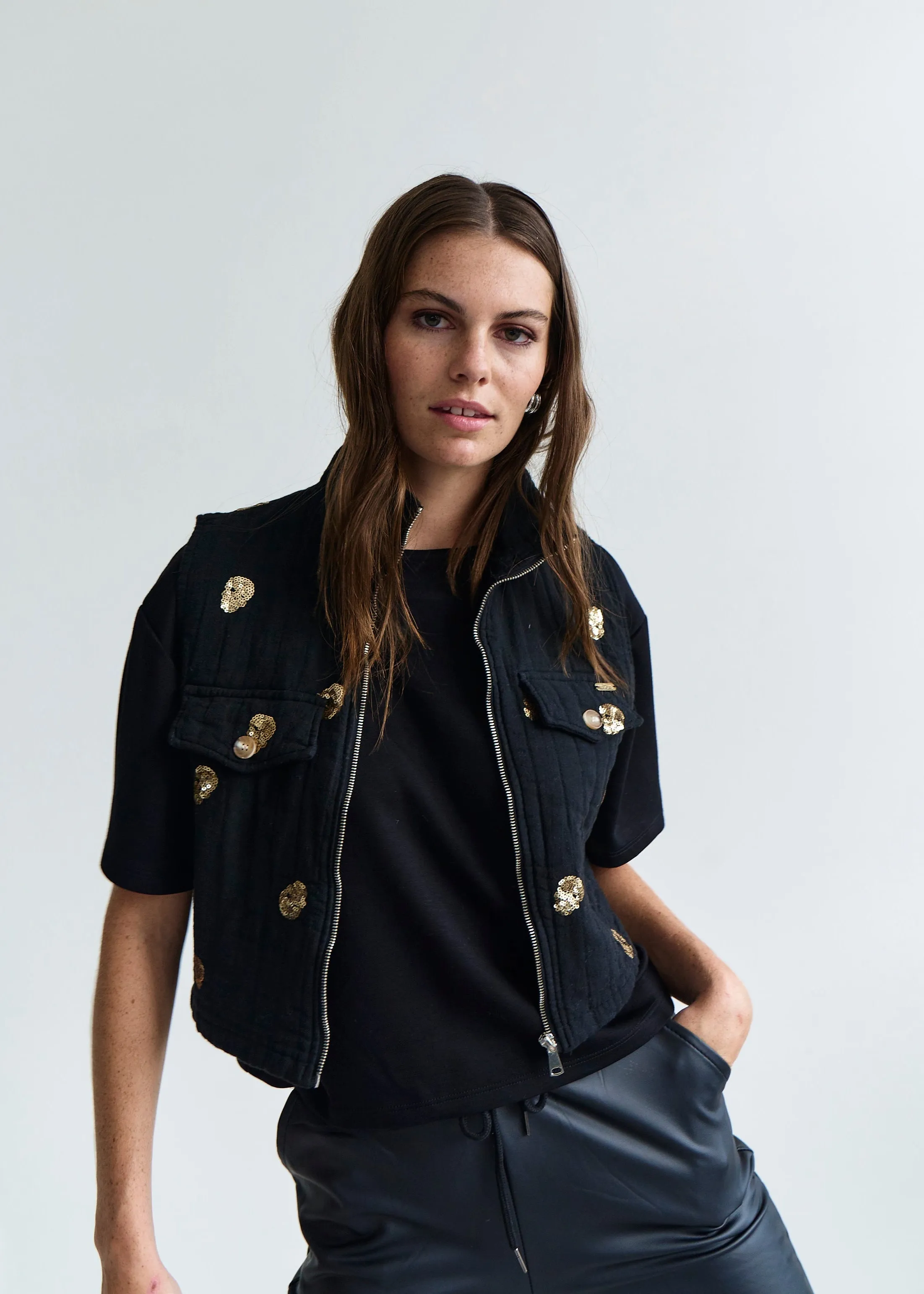 Freya Italian Sleeveless Jacket with Gold Sequins in Black