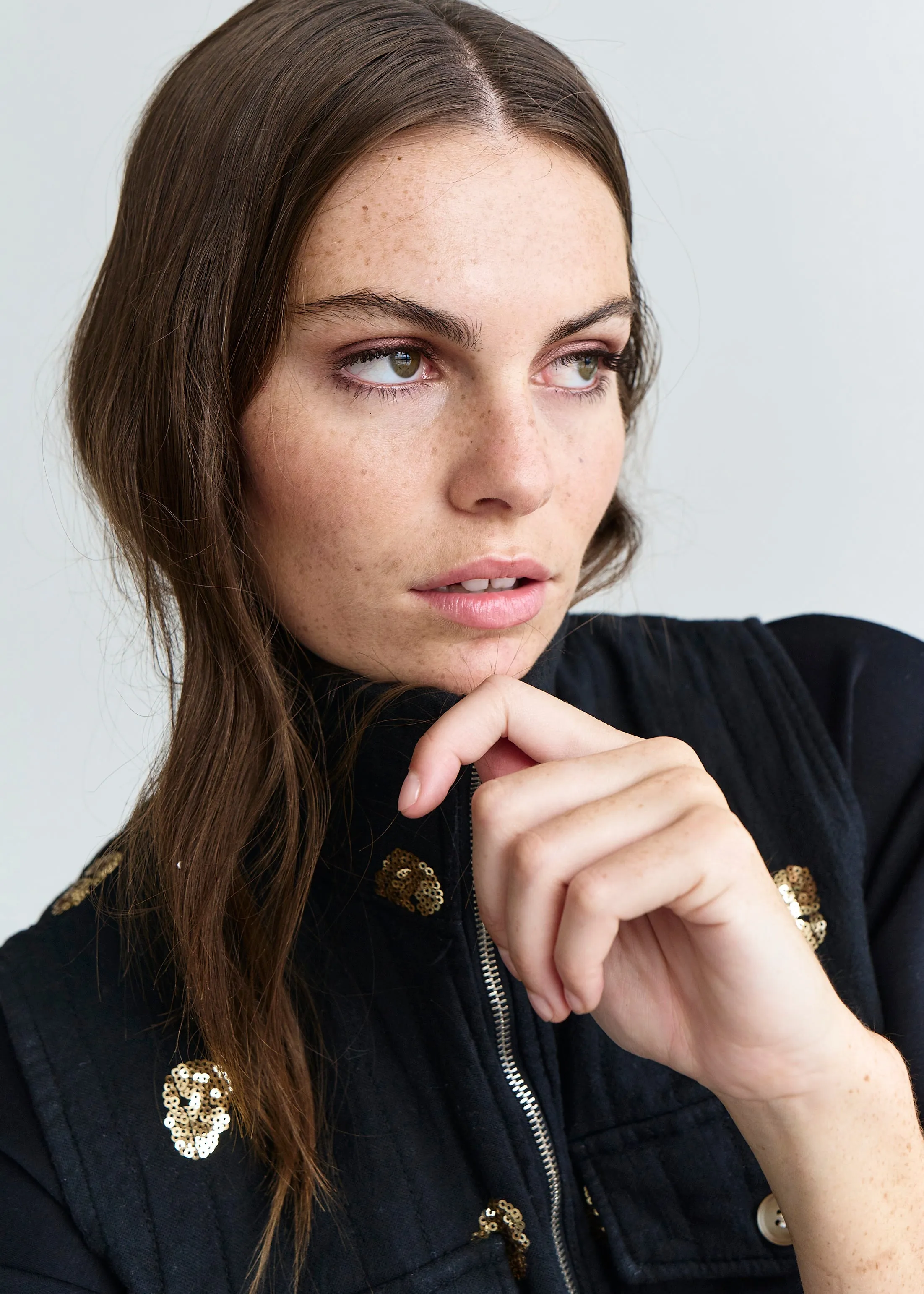 Freya Italian Sleeveless Jacket with Gold Sequins in Black