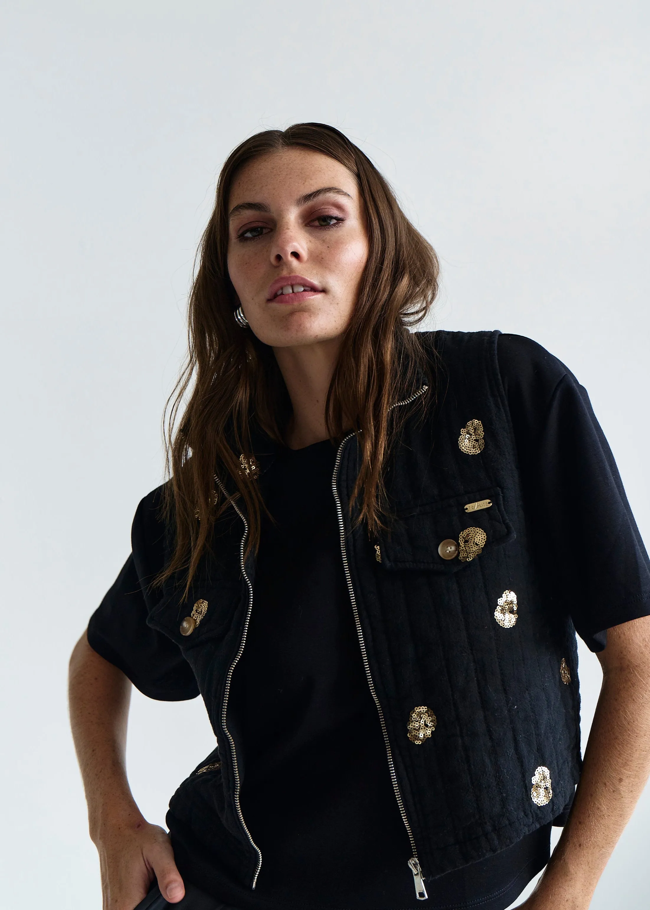 Freya Italian Sleeveless Jacket with Gold Sequins in Black