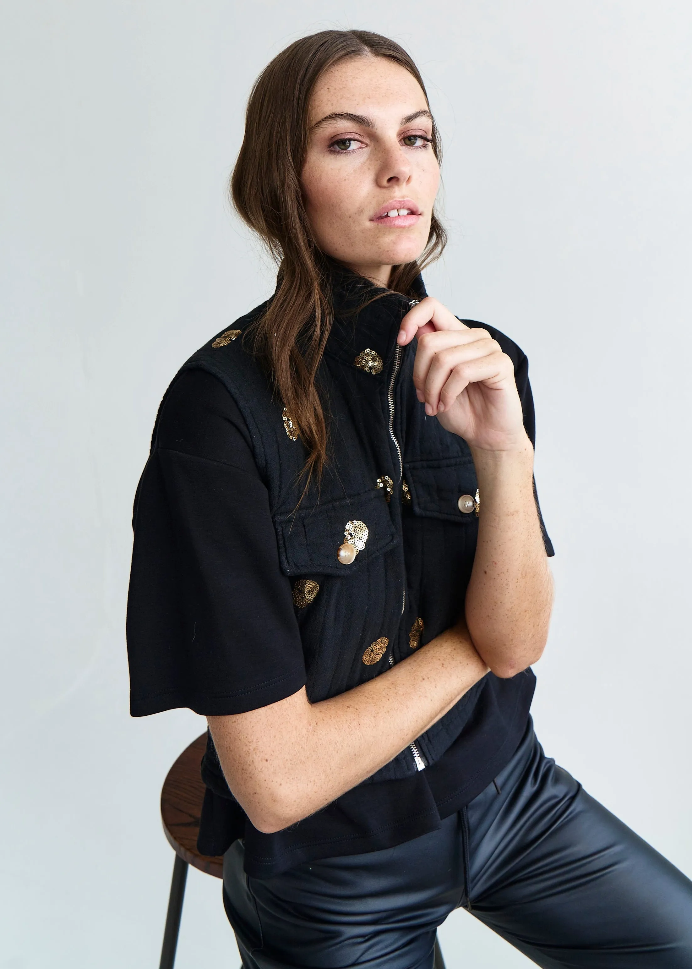 Freya Italian Sleeveless Jacket with Gold Sequins in Black