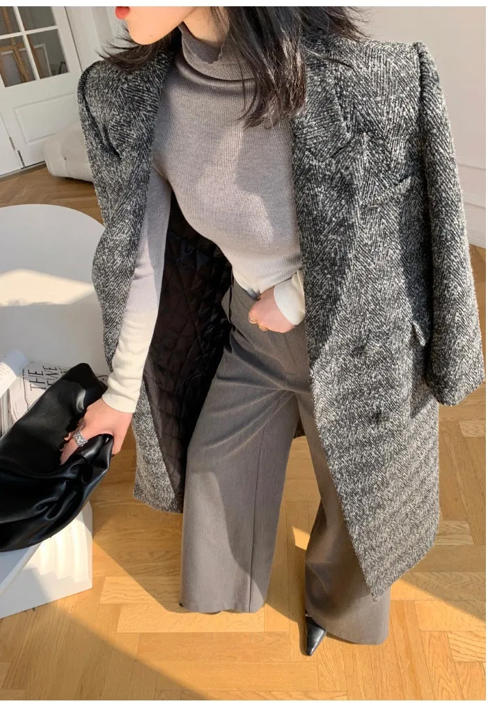 Gray WANXO color herringbone quilted woolen coat new mid-length suit woolen coat- Passion