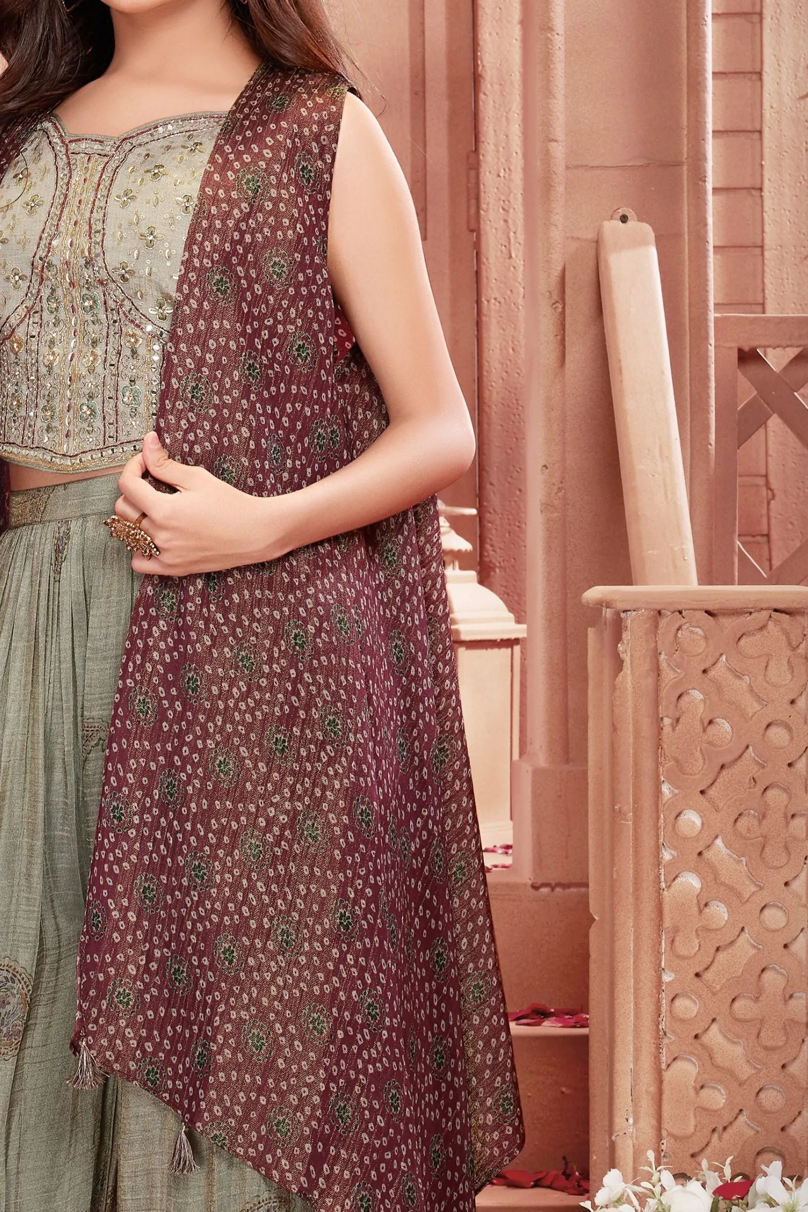 Green Mirror, Zari, Beads and Thread work Overcoat Styled Palazzo Set for Girls