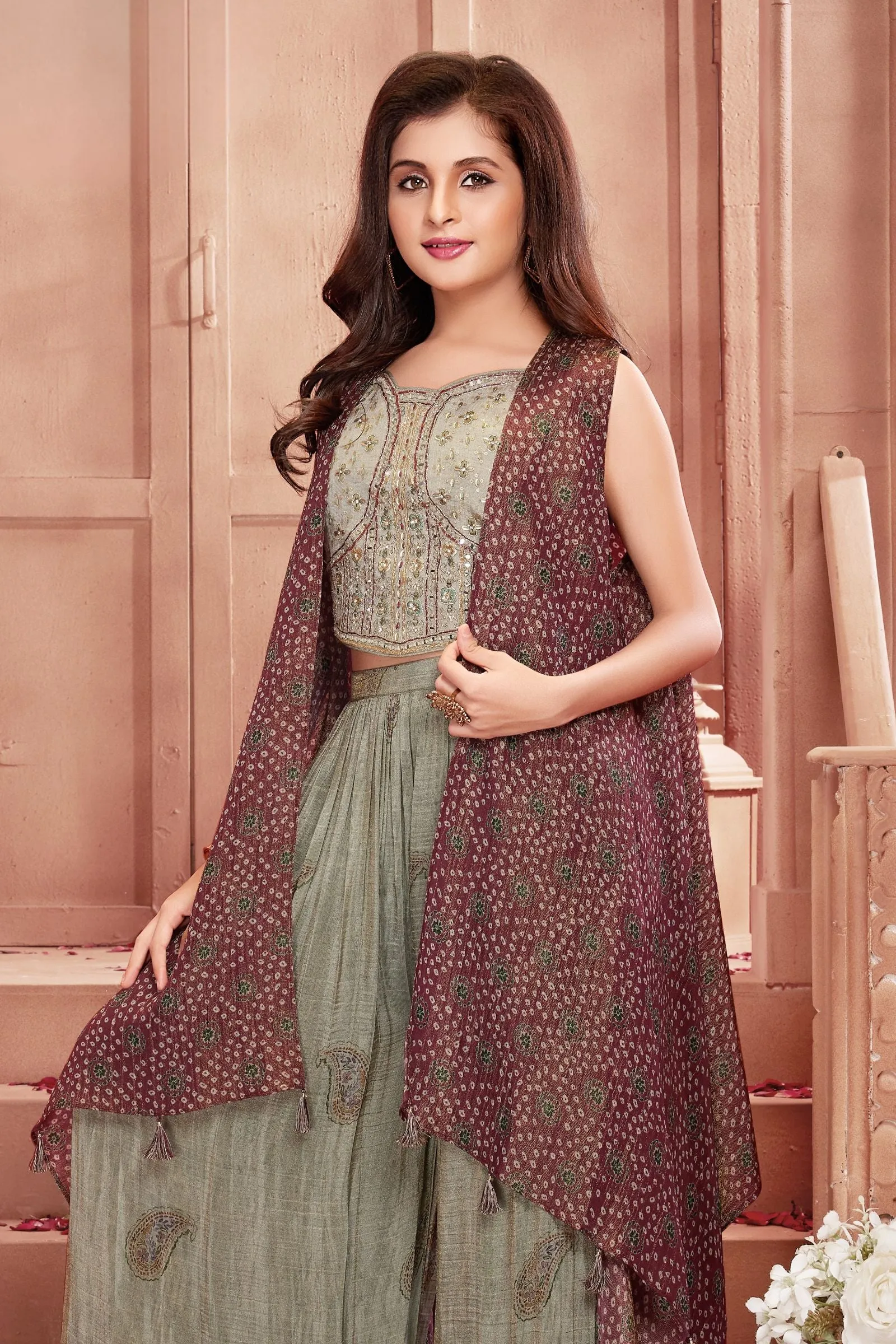 Green Mirror, Zari, Beads and Thread work Overcoat Styled Palazzo Set for Girls