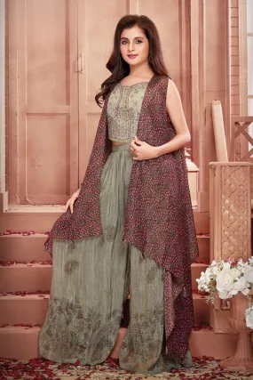 Green Mirror, Zari, Beads and Thread work Overcoat Styled Palazzo Set for Girls
