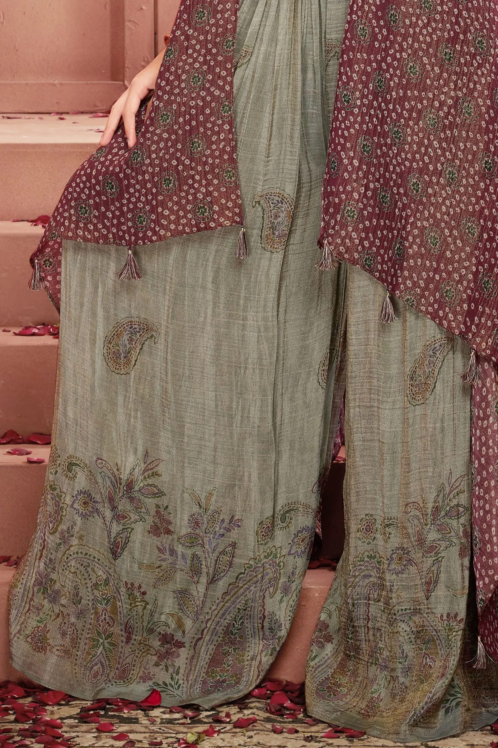 Green Mirror, Zari, Beads and Thread work Overcoat Styled Palazzo Set for Girls