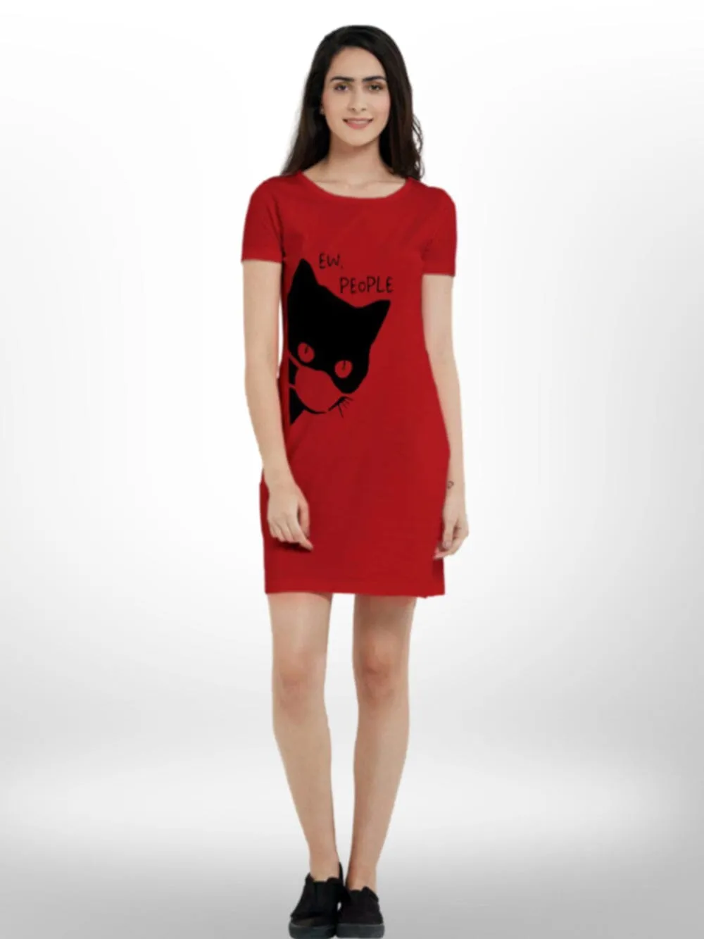 Half Sleeve Top Cat Printed Long T-shirt For Women's