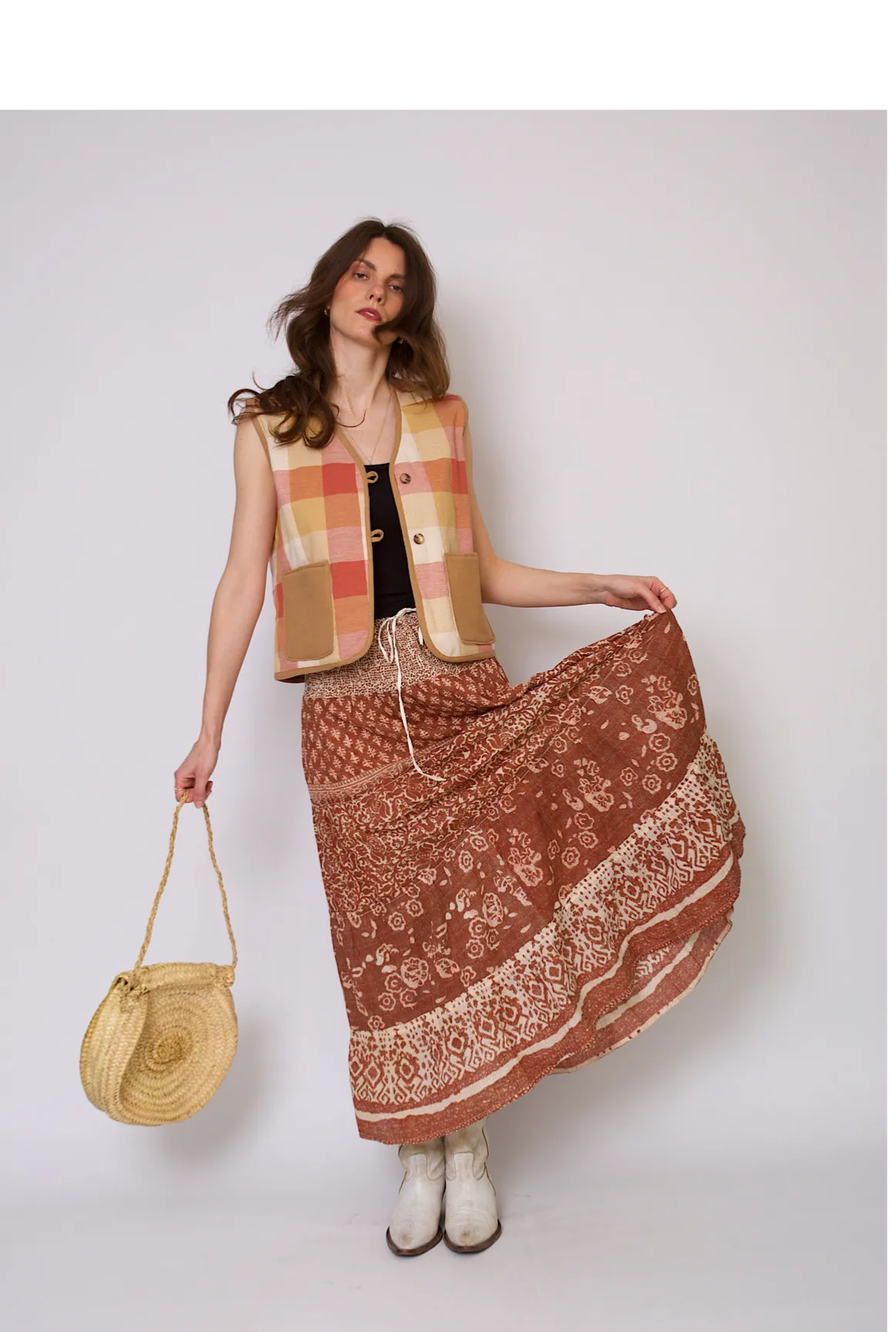 Handcrafted gilet with check cotton fabric