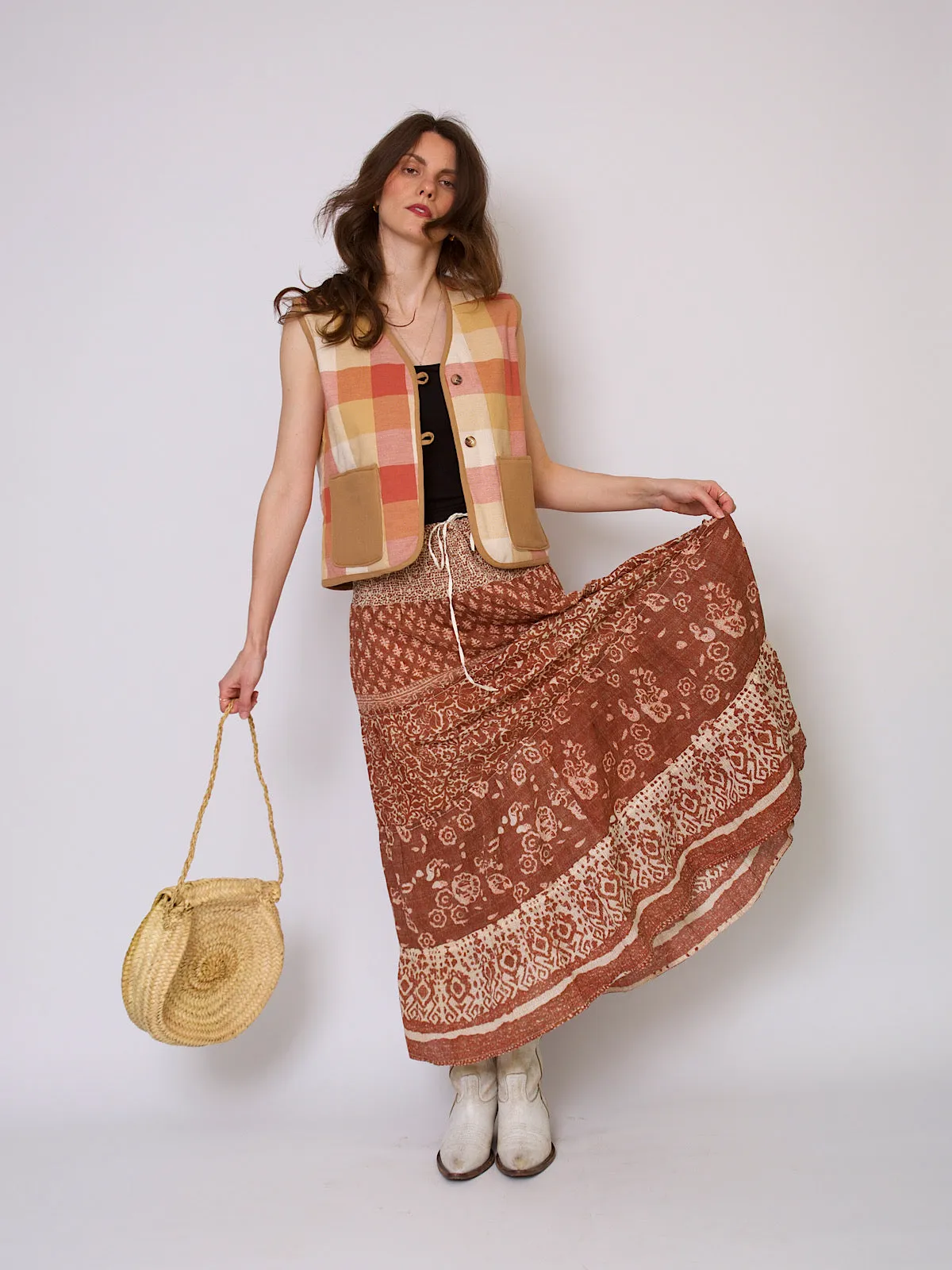 Handcrafted gilet with check cotton fabric