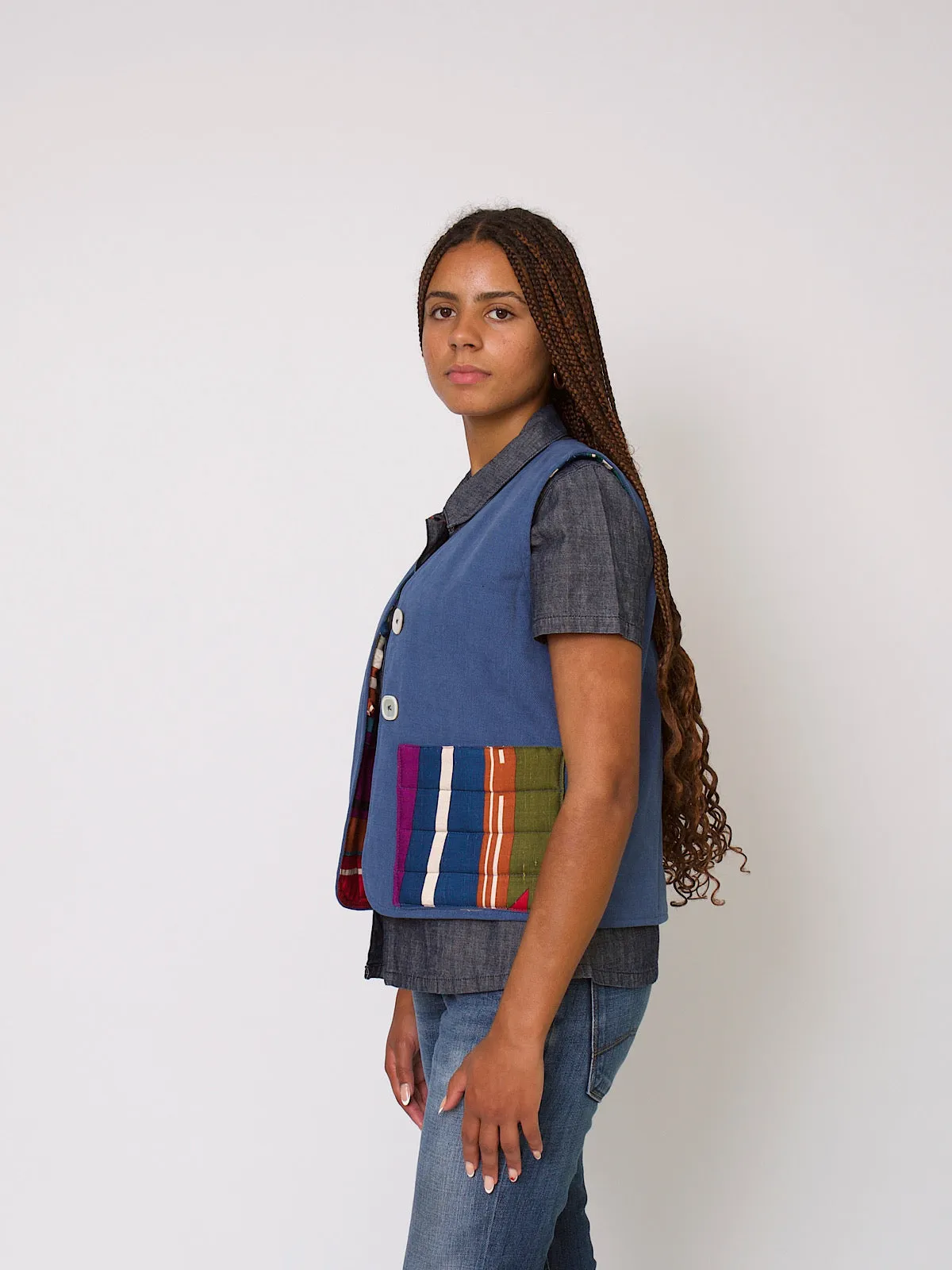 Handcrafted waistcoat blue cotton & multicoloured vintage fabric