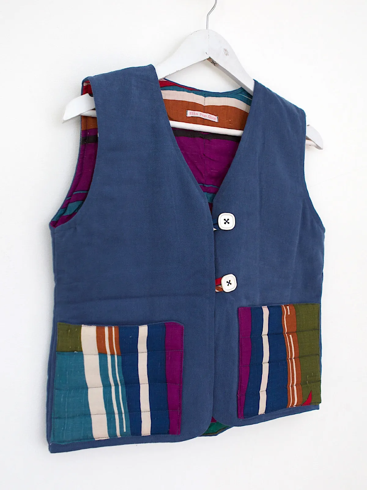 Handcrafted waistcoat blue cotton & multicoloured vintage fabric