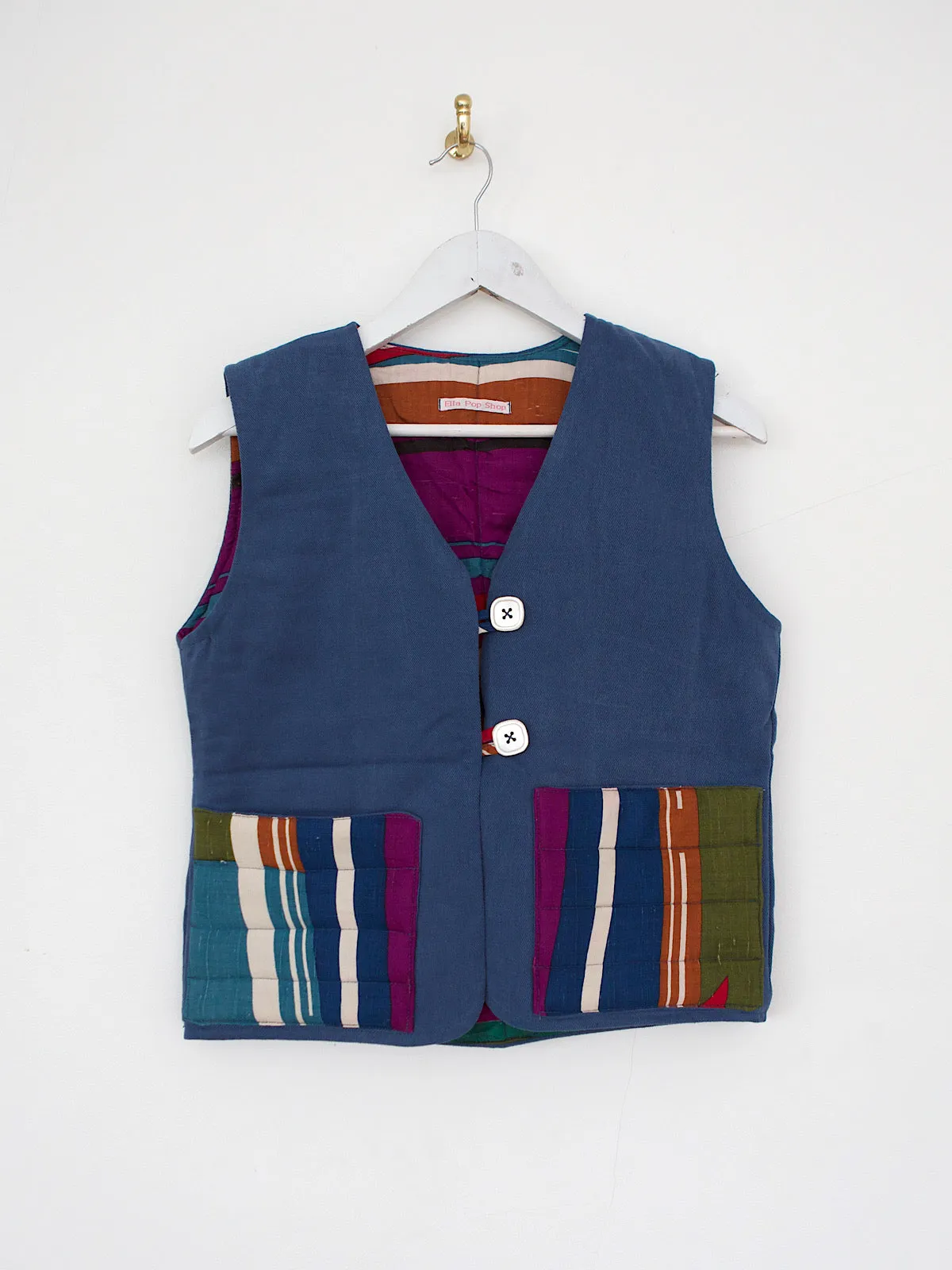 Handcrafted waistcoat blue cotton & multicoloured vintage fabric