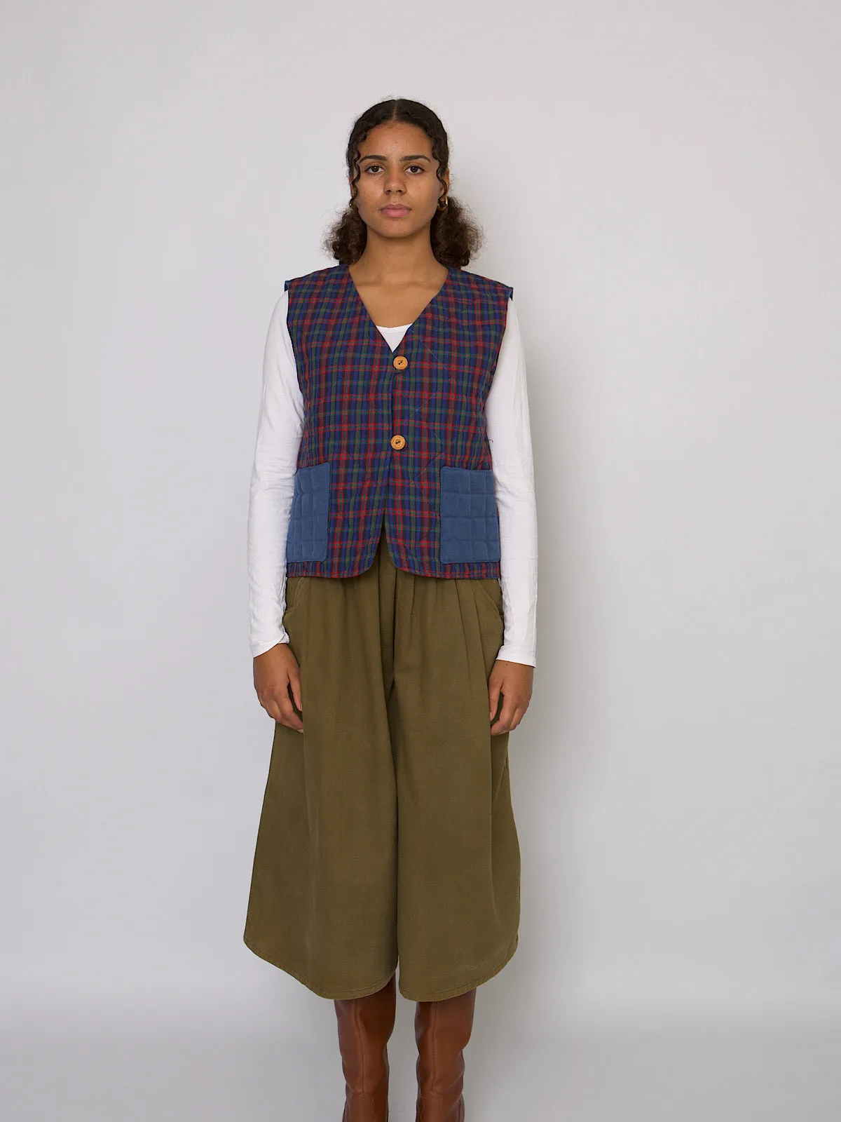 Handmade waistcoat blue & tartan cotton fabric