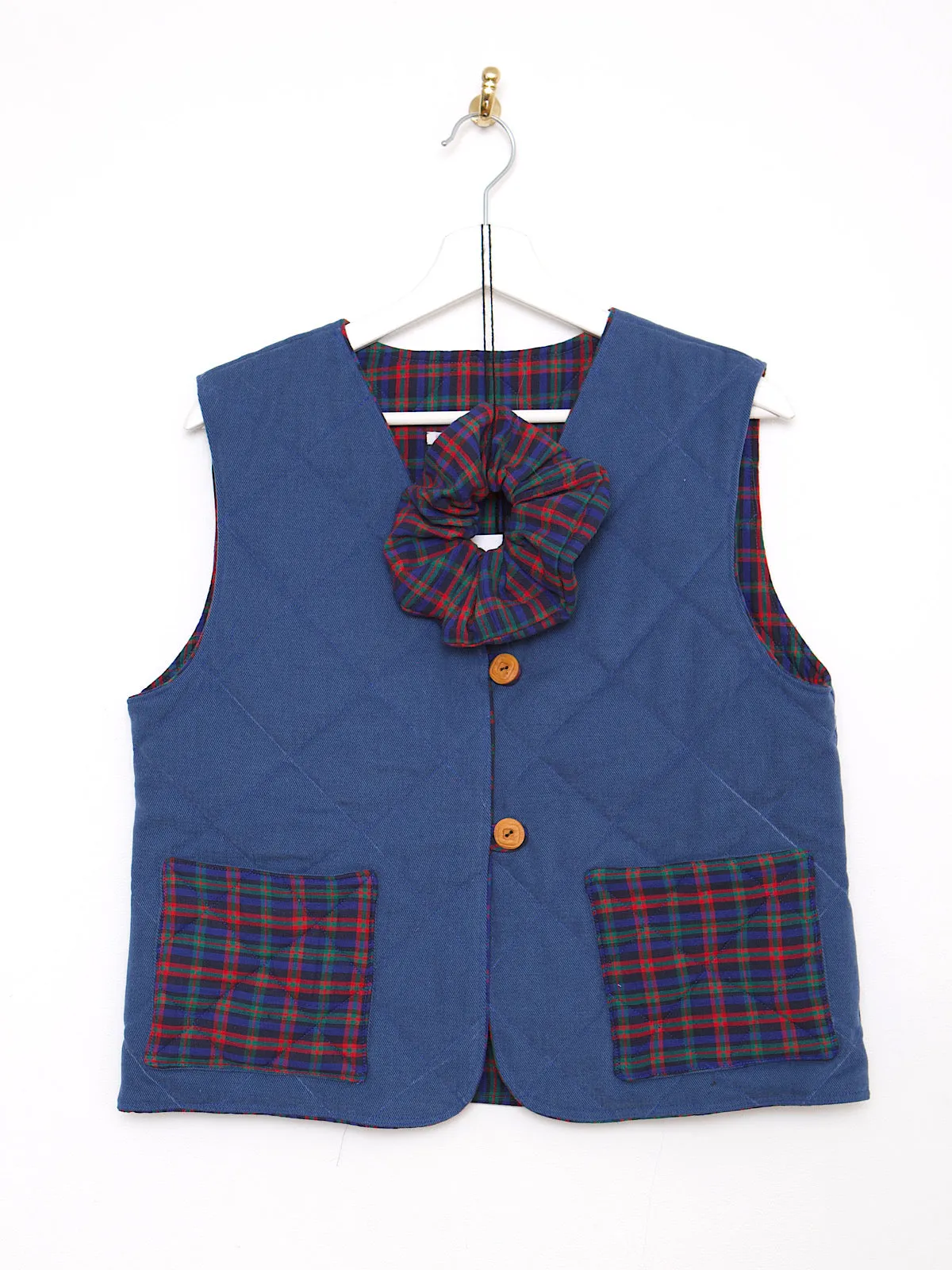 Handmade waistcoat blue & tartan cotton fabric