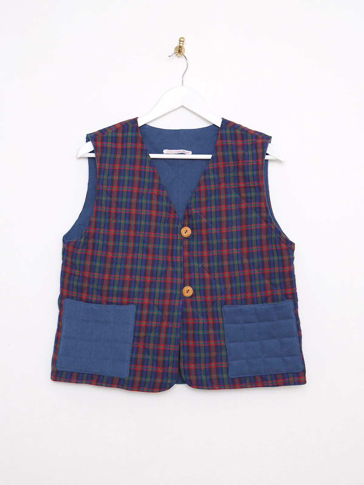 Handmade waistcoat blue & tartan cotton fabric