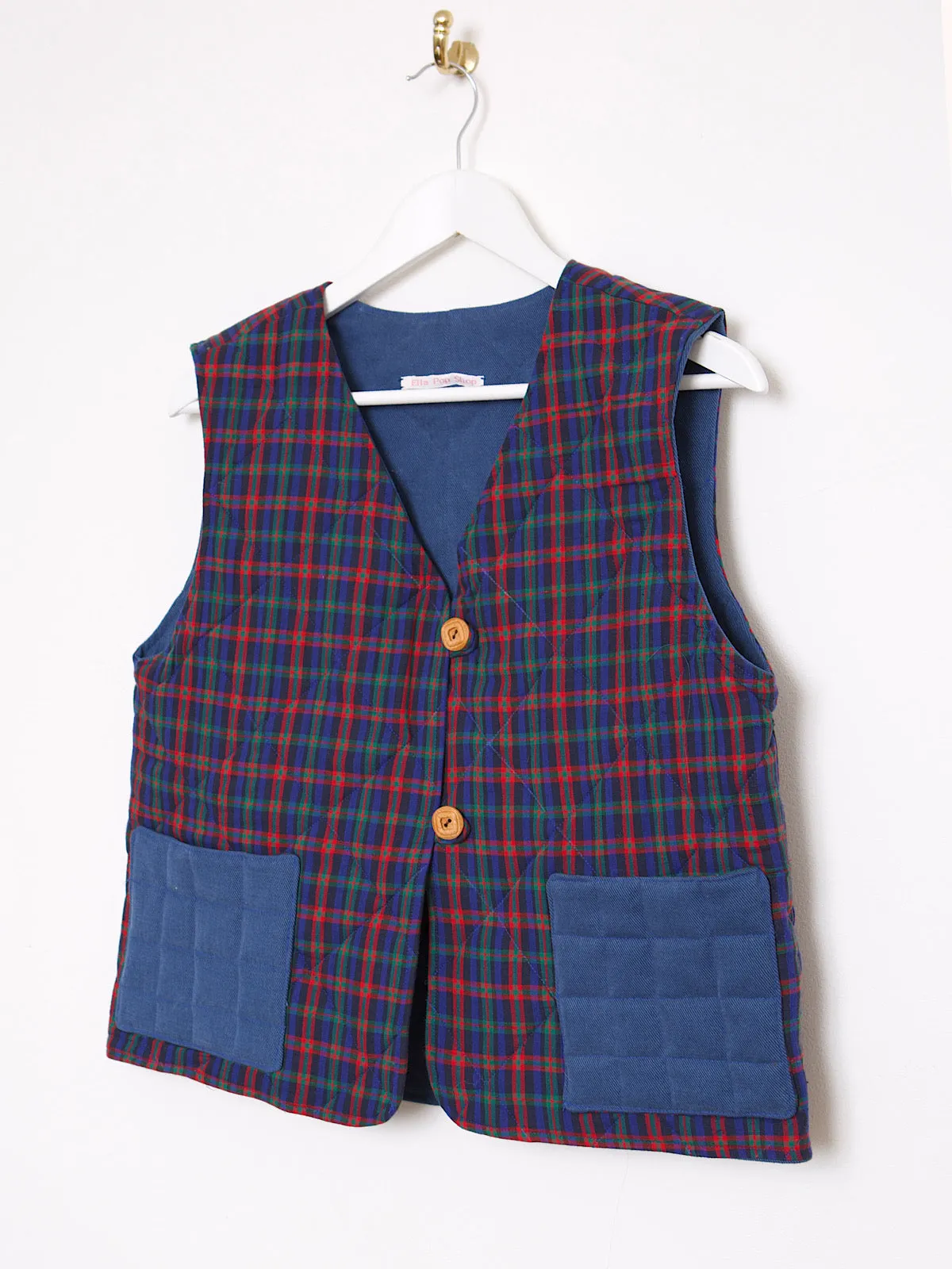 Handmade waistcoat blue & tartan cotton fabric